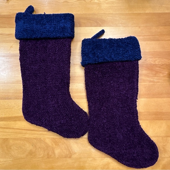 Set Of 2 Purple Cable Knit Christmas Stockings Lined w/Blue Cuff - Picture 8 of 10
